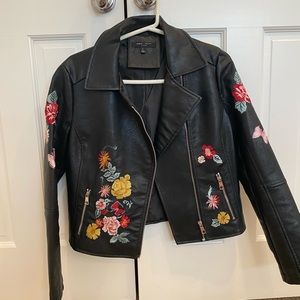 Black pleather jacket with flower embroidery